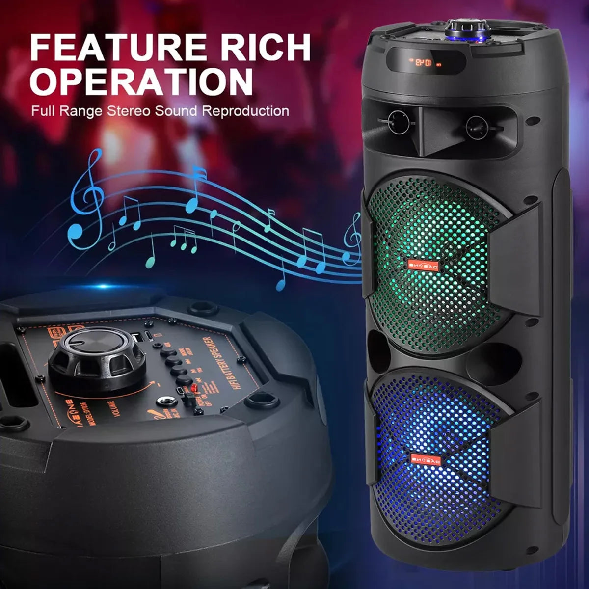 Dual 8' Woofer Portable Wireless Speaker with LED Light, Mic, Bass Stereo Sound Home Audio System Built-In Rechargable Battery