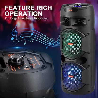 Dual 8' Woofer Portable Wireless Speaker with LED Light, Mic, Bass Stereo Sound Home Audio System Built-In Rechargable Battery