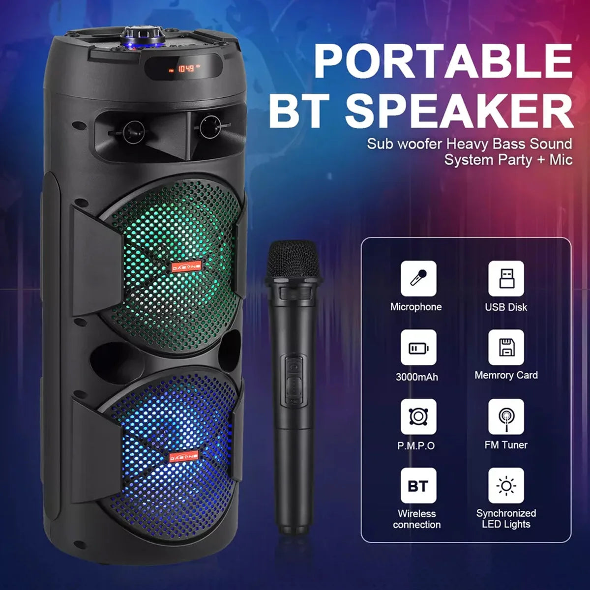 Dual 8' Woofer Portable Wireless Speaker with LED Light, Mic, Bass Stereo Sound Home Audio System Built-In Rechargable Battery